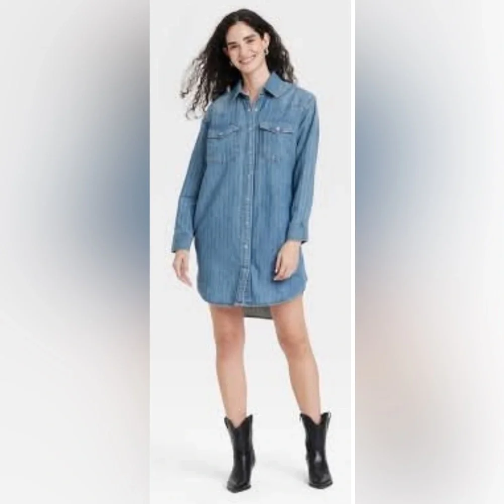 Women's Western Denim Dress-Universal Thread Midi Size SM Oversized Jean Shirt - Picture 9 of 11